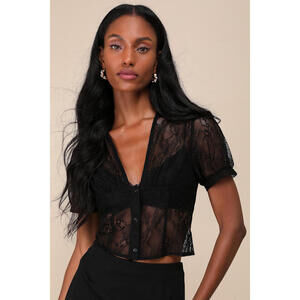 Lulus Pretty Flirty Black Sheer Lace Collared Short Sleeve Crop Top - Size M